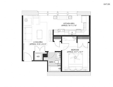 Floor plan for 1 bed, 1 bath, 596 sqft